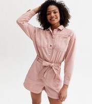 New Look Pale Pink Denim Long Sleeve Belted Utility Playsuit